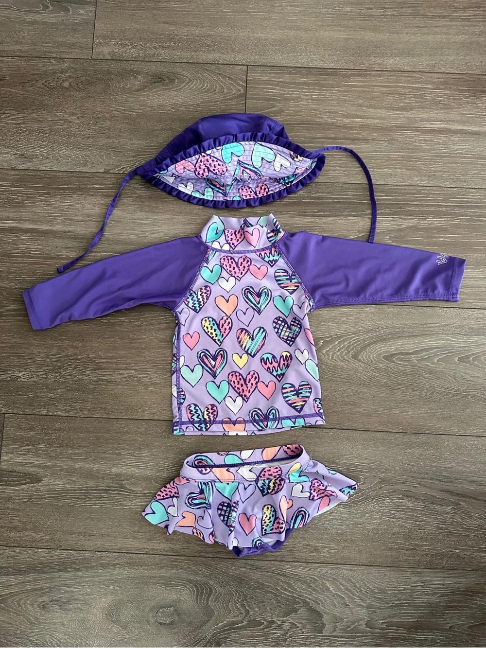 UV Skinz Purple Heart-Print Kids Rashguard Set with Hat and Skirted Bottoms